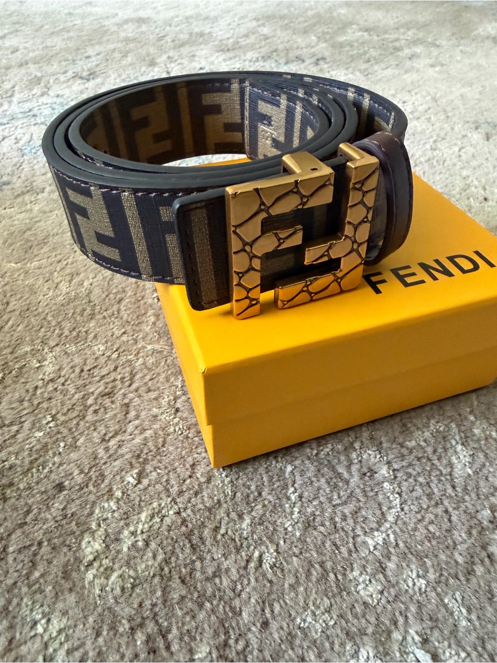 Fendi Black and Brown FF Logo Canvas Belt with Gold Buckle